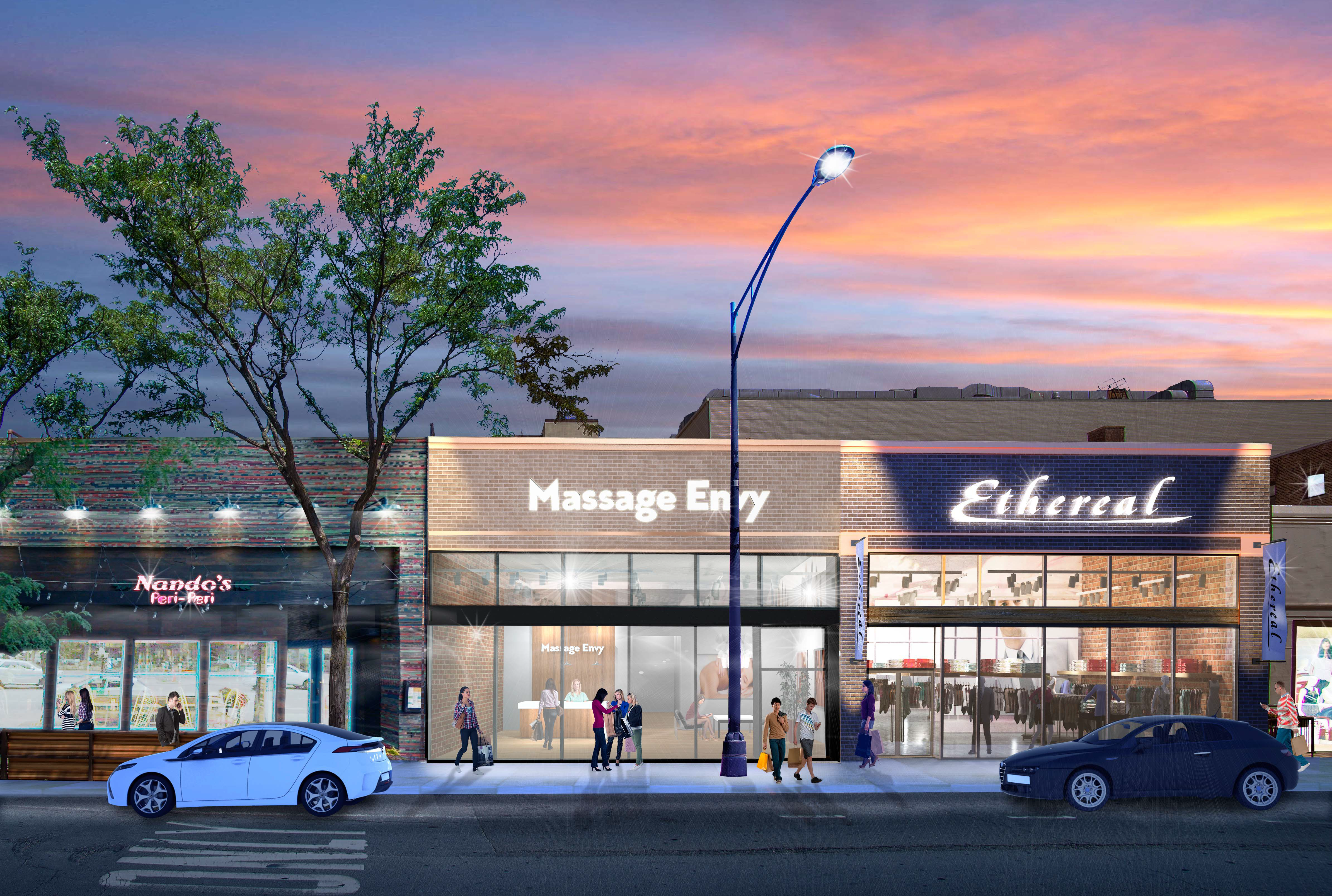 Rendering of retail storefronts on Diversey Avenue in Lincoln Park